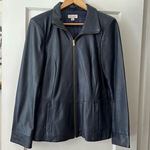 Women’s vintage navy blue leather jacket, size medium
